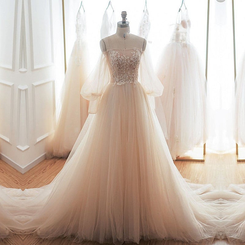 シャンシャン♡ウエデェングドレスご紹介♡ ウエディングドレス シャンパン色 枝花刺繍 上品透け袖 編み上げ