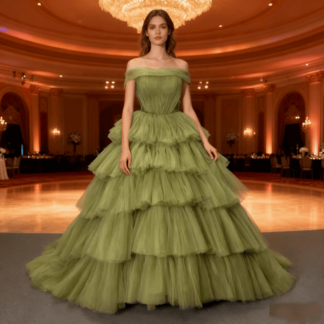 カラードレス グリーン 取り外し可能なオフショルダー ファスナー  スリット  ビスチェドレス 柔らかく重ねたチュールスカート      結婚式