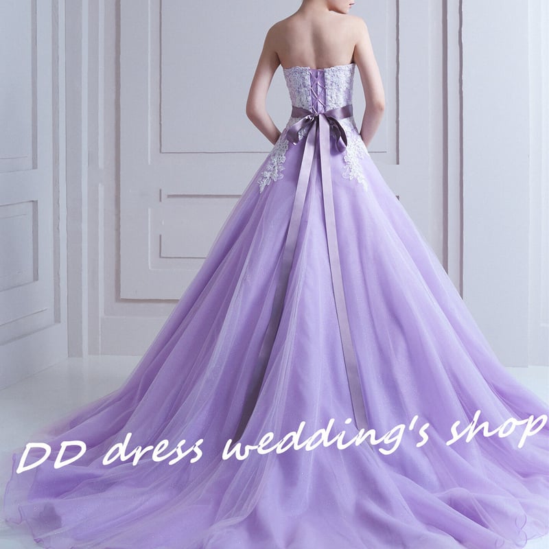 高品質！ラベンダー色 ベアトップ カラードレス ソフトチュール 3D立体  
