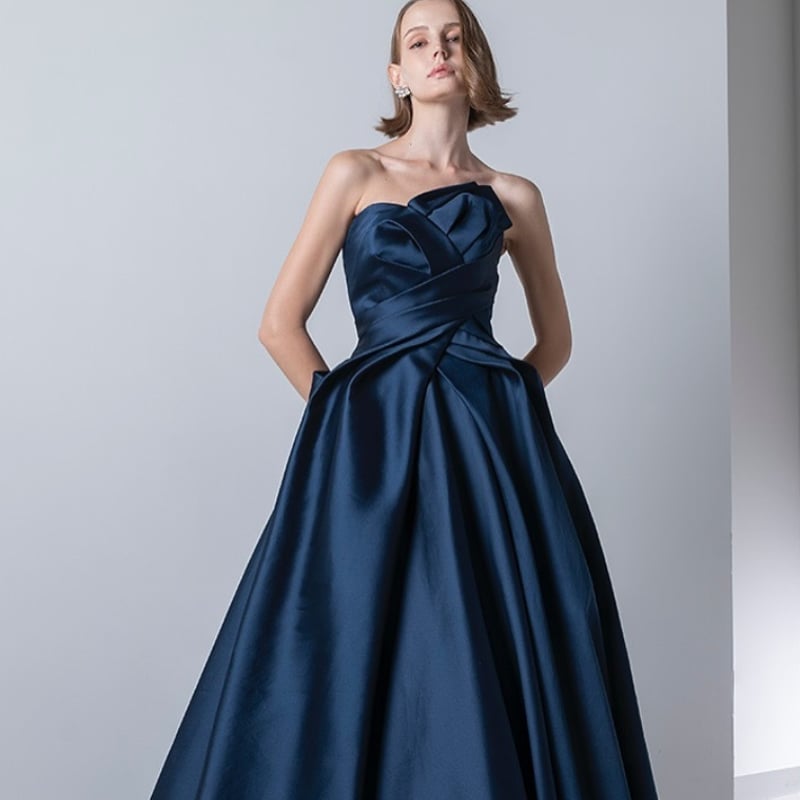 カラードレス ブルー 編み上げ ベアトップ ふっくら柔らかなバック