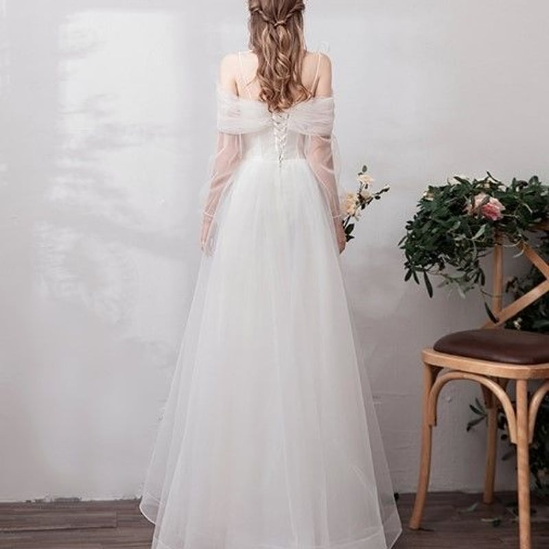 ウエディングドレス ホワイト 上質オーガンジー ロング Aライン