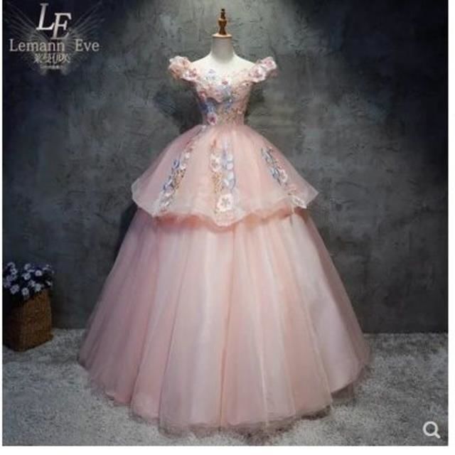 高品質! ウエディングドレス ピンク 華やか 贅沢 パール ラッパ袖 結婚式/披