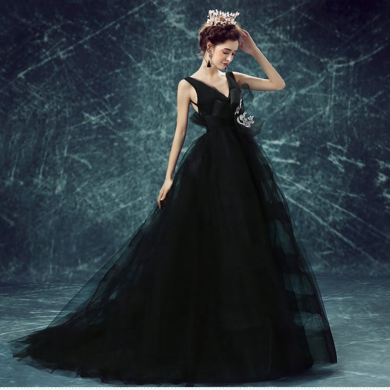 カラードレス 黒 ソフトチュール エレガント 謝恩会/パーティー/ピアノ  