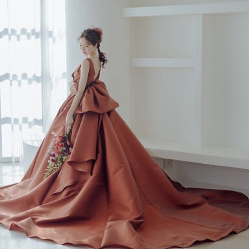 パーティードレス テラコッタ色 ふっくら柔らかなバックリボン Vネック  