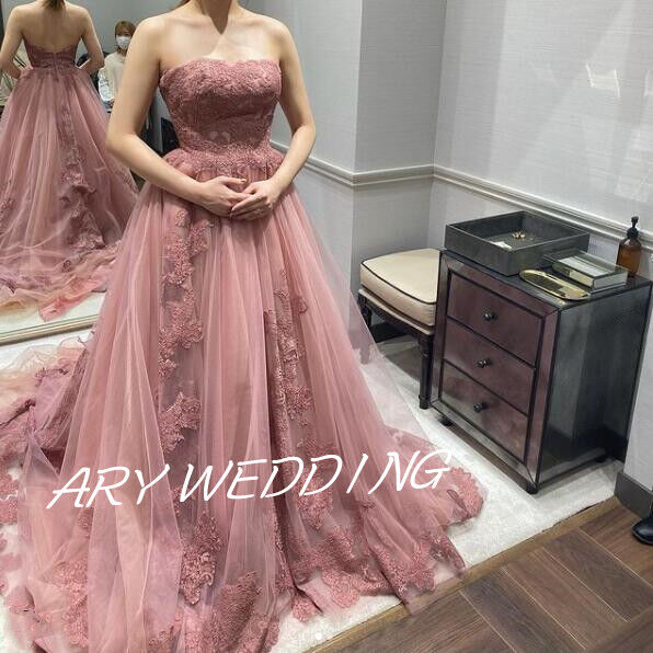 カラードレス チェリーピンク ベアトップ トレーン 人気上昇 結婚式  