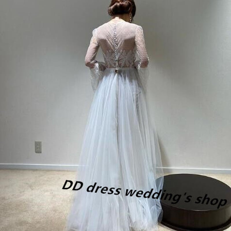 フランス風 オフホワイト フレア袖 ウエディングドレス 3D立体レース  