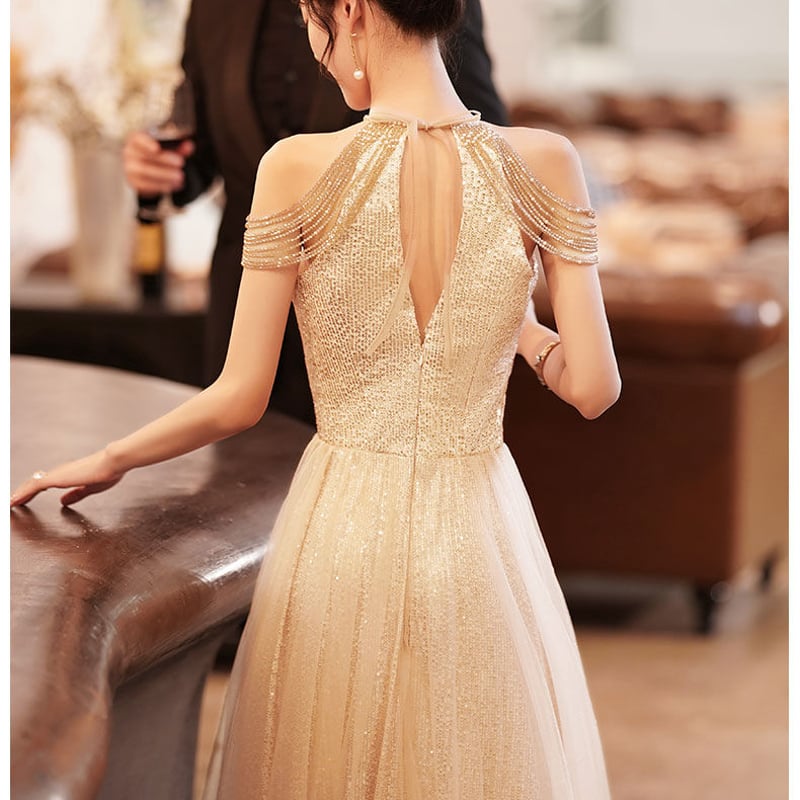 大人気上昇 パーティードレス シャンパン色 オフショルダー キラキラ  