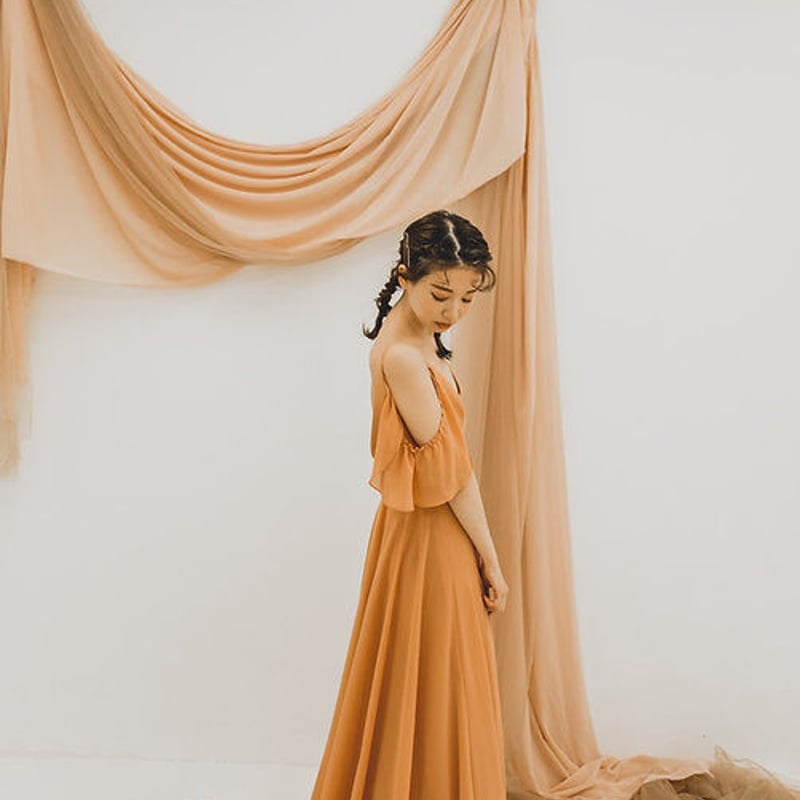 パーティードレス ふんわりシフォン オレンジ キャミソール ファスナー  