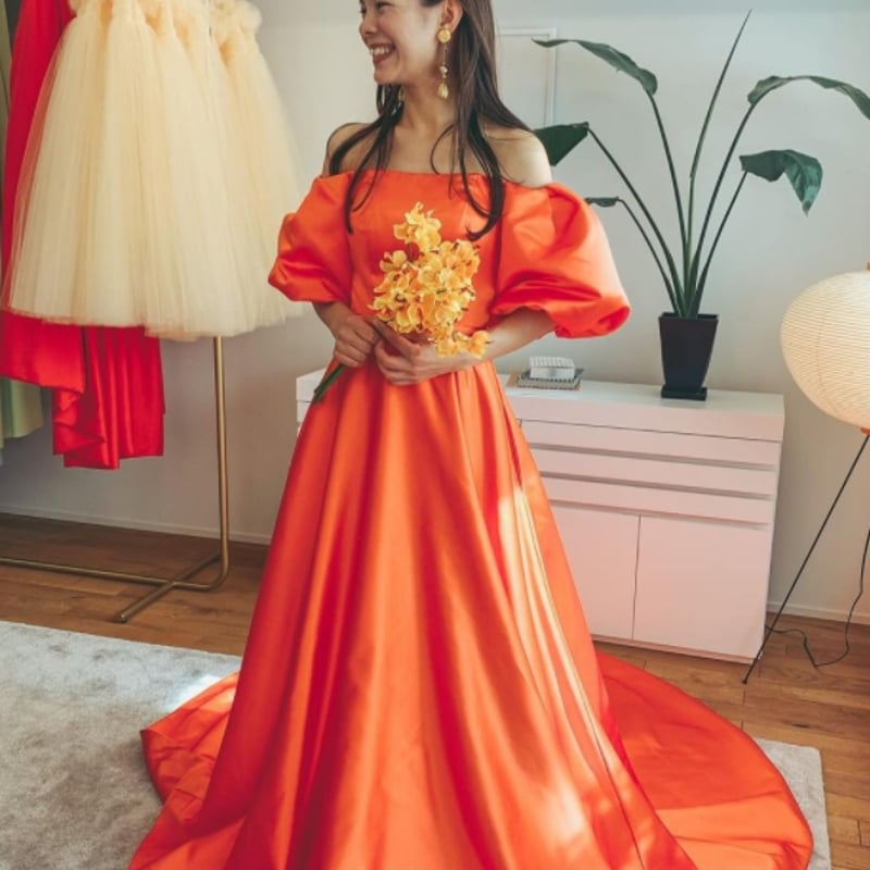 人気上昇！オレンジ 上げる カラードレス 上質オーガンジー オフ  