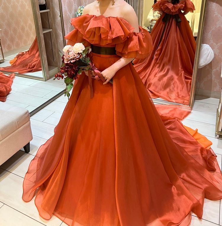 カラードレス 半袖オフショルダー オレンジ ナチュラル Aライン  