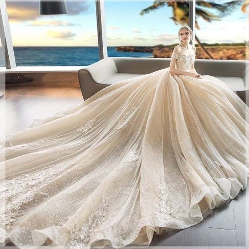 カラードレス シャンパン色 上質オーガンジー レース オフショル ベア  