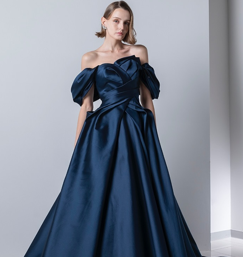 【新品未使用】Ocean Blue Bird 波模様オフショルダードレス ロングドレス カラードレス 結婚式 袖あり オフショルドレス