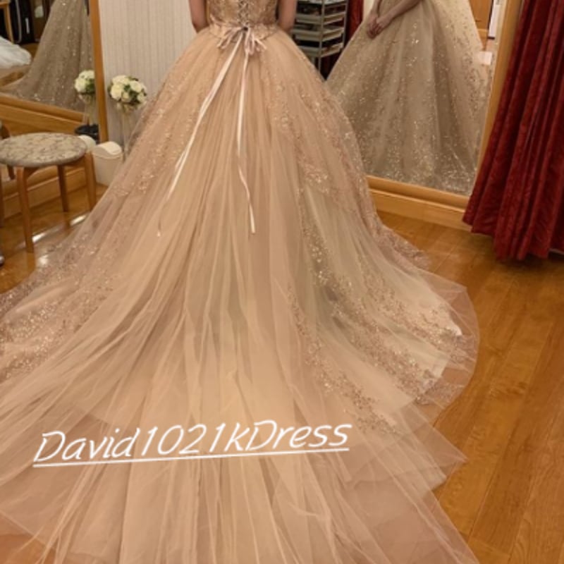高品質！ ウェディングドレス シャンパン色 キラキラチュール 挙式  