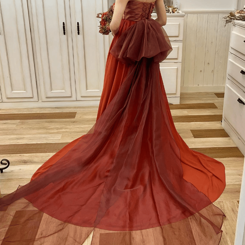 テラコッタドレス カラードレス テラコッタカラー 上品 光沢感 サテン 抜け感