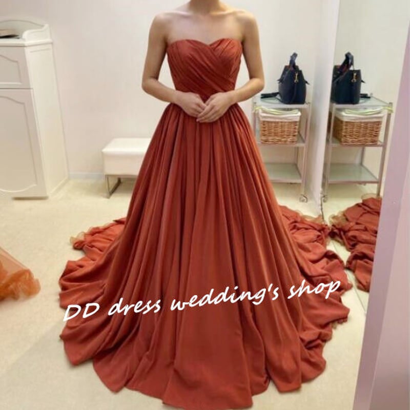 高品質！テラコッタ色 ベアトップ 2次会/披露宴 パーティードレス  