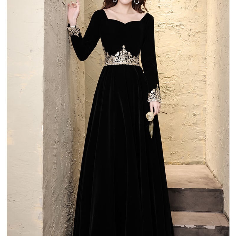 上品！ パーティードレス 黒 長袖 スレンダーライン 二次会 音楽会