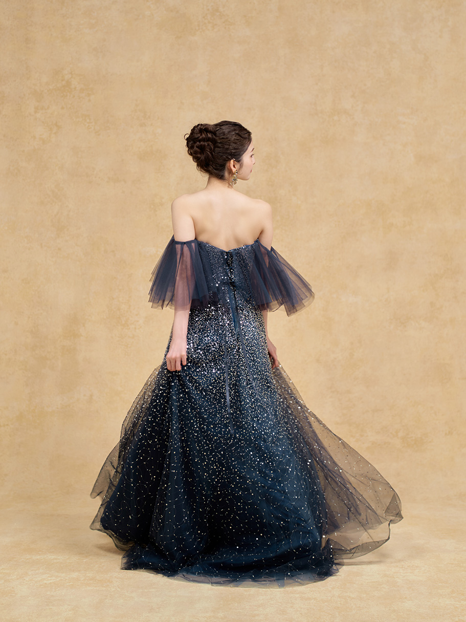 スパンコール オフショル ドレス 華やか カラードレス 深いネイビー スパンコール刺繍 オフショル