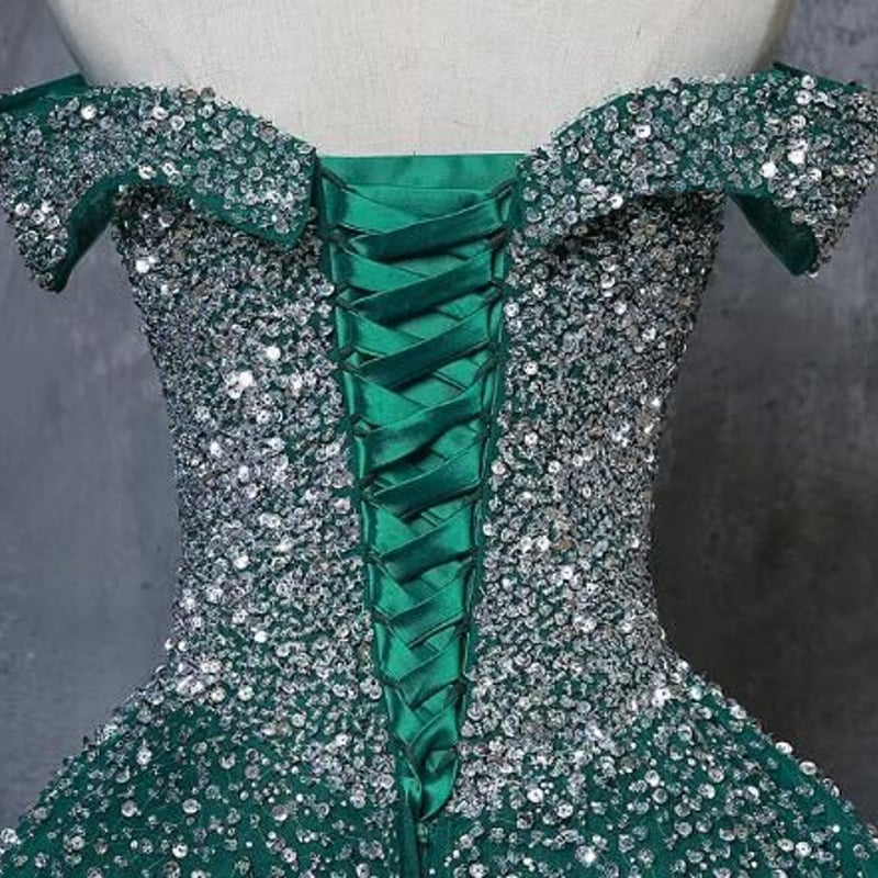 高品質！カラードレス 緑 オフショル ハンドビーディング 演奏会  