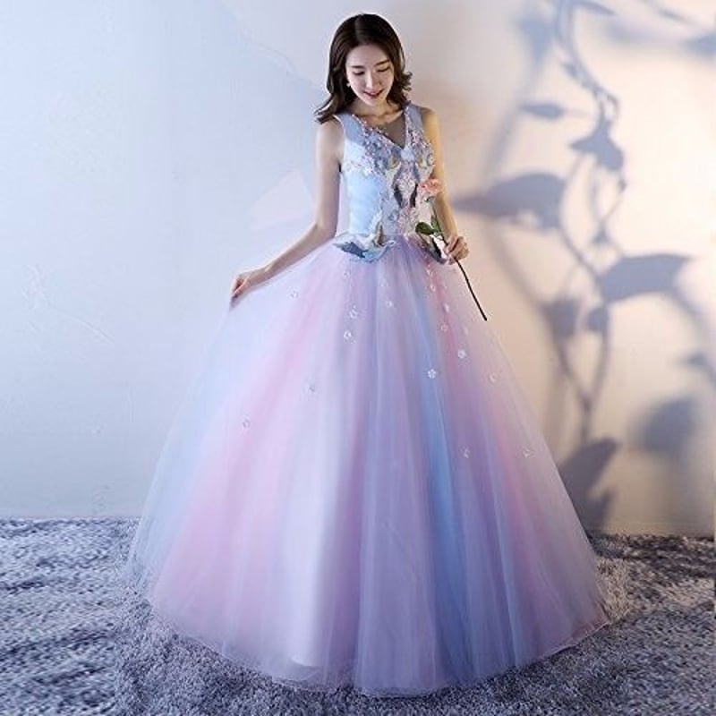 カラードレス ライトブルー 花モチーフ リボン 背中見せ 編み上げ 2次  