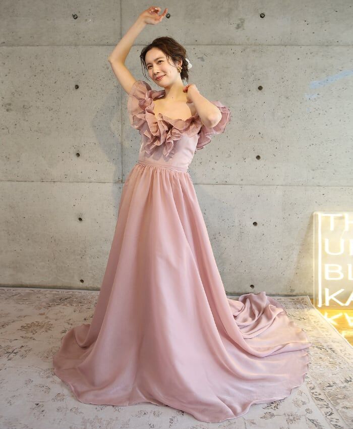 パーティードレス ピンク ラッフルフリル ファスナー オフショルダ  