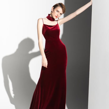 カラードレス ワインレッド 高級ベロア キャミソール クラシカル性感 トレーンイブニングドレス
