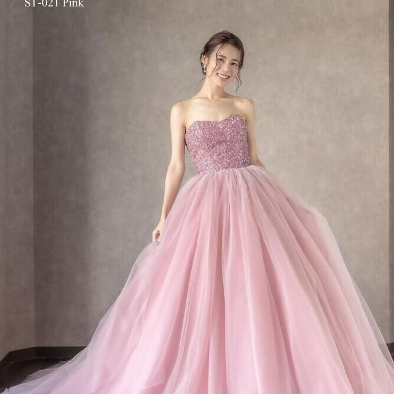 カラードレス 薄ピンク ベアトップ 取り外し袖 柔らかく重ねたチュール