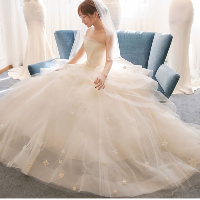 ウエディングドレス ホワイト 上質オーガンジー プリンセスライン ベア  