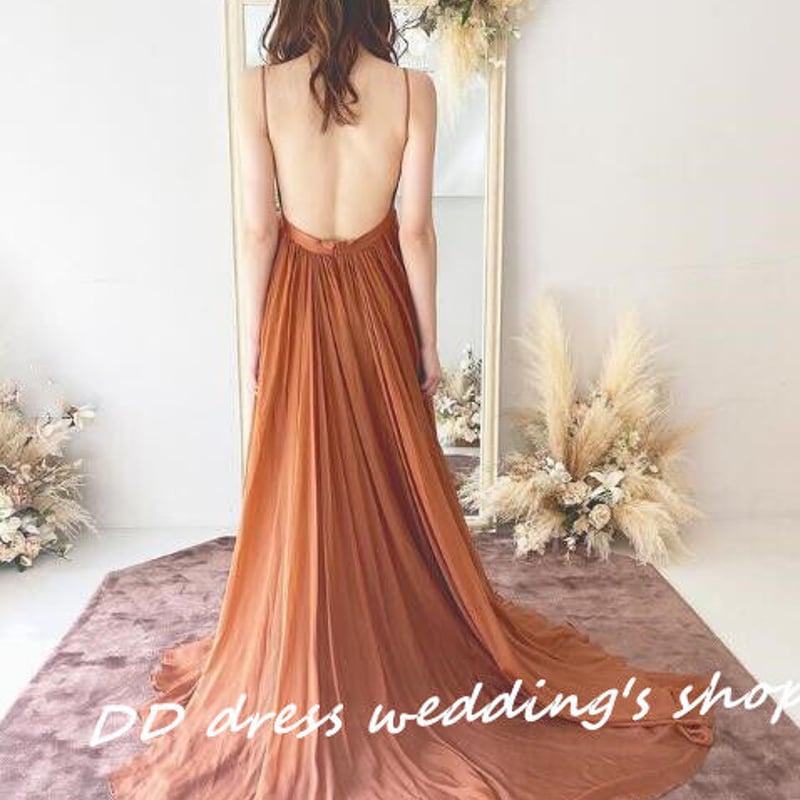 高品質！ パーティードレス 披露宴/挙式 前撮り テラコッタ色 背中見せ  