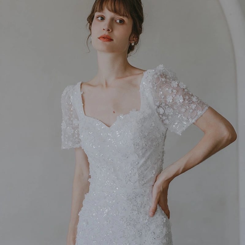 フラワービーズ 半袖ソフトマーメイドウエディングドレス | David1021k  