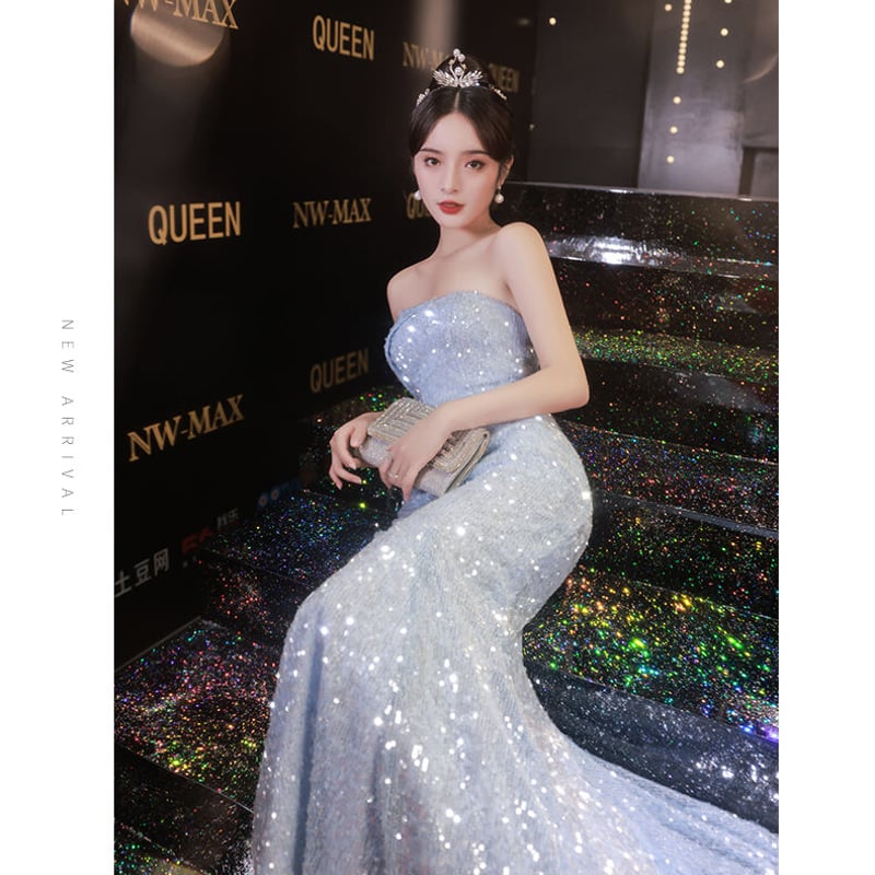 エレガント パーティードレス ブルー ベアトップ ロングトレーン  