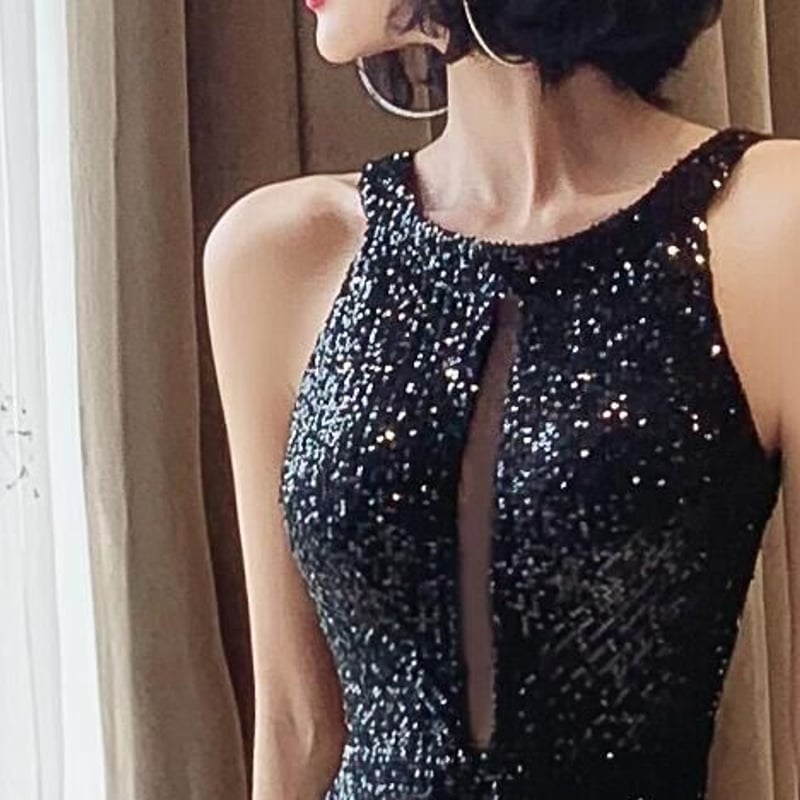 美品☆東京ソワール♡黒のスパンコール装飾ロングドレス 上品！黒 マーメイドライン パーティードレス スパンコール 細