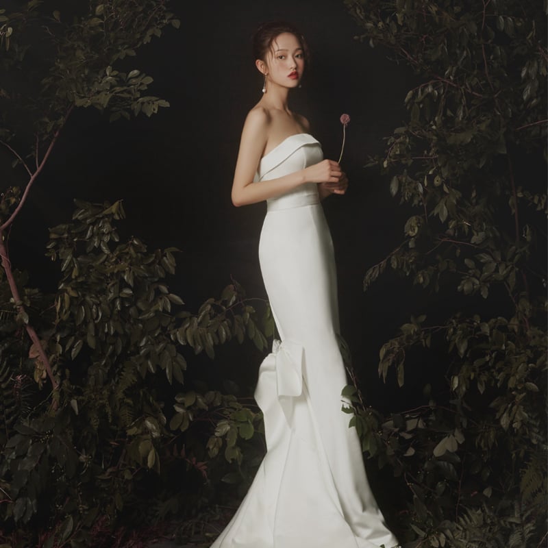 人気上昇 パーティードレス ホワイト ベアトップ マーメイドライン  