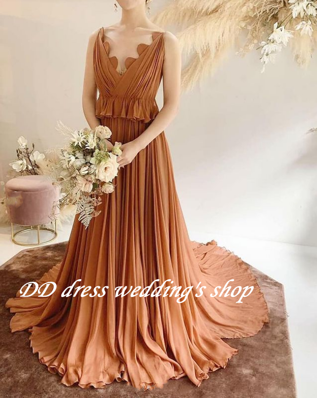 高品質！パーティードレス テラコッタ色 Vネックドレス背中見せ 前撮り  