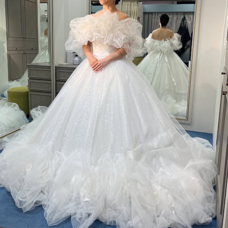 ウエディングドレス ホワイト 取り外しオフショルダー サッシュ