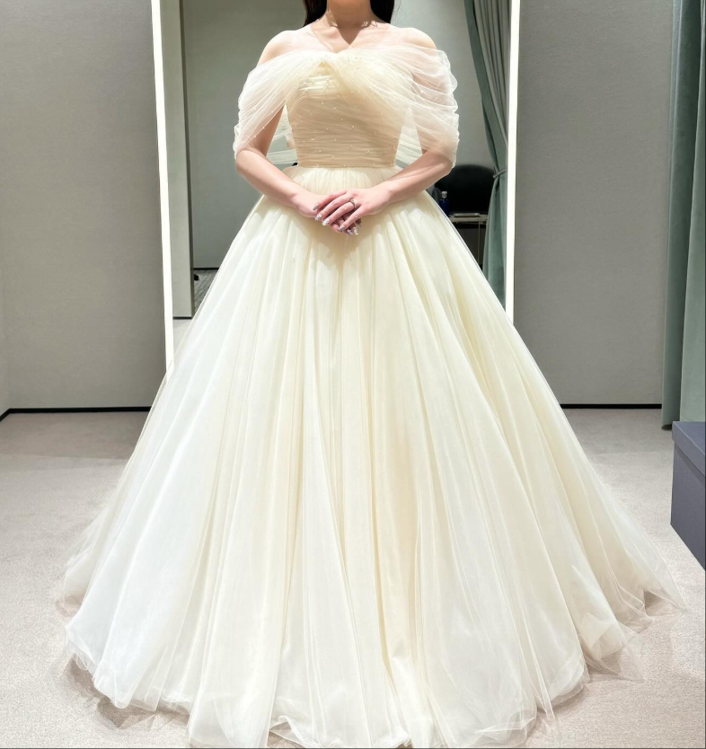 カラードレス 取り外し袖 オフショルダー ソフトチュール 薄