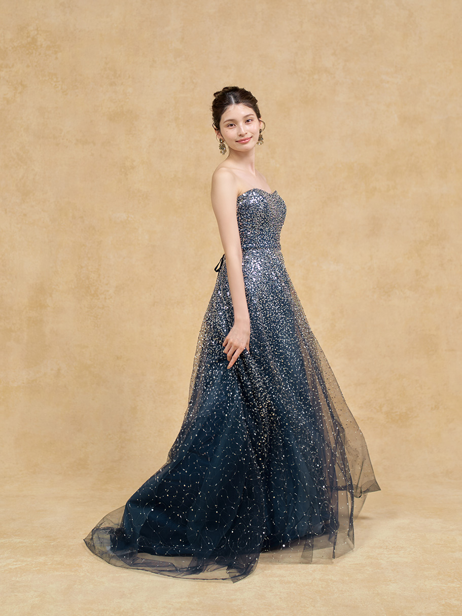 華やか カラードレス 深いネイビー スパンコール刺繍 オフショル