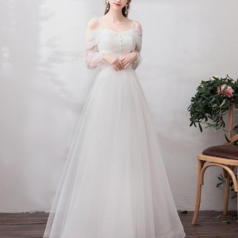 ウエディングドレス ホワイト 上質オーガンジー ロング Aライン