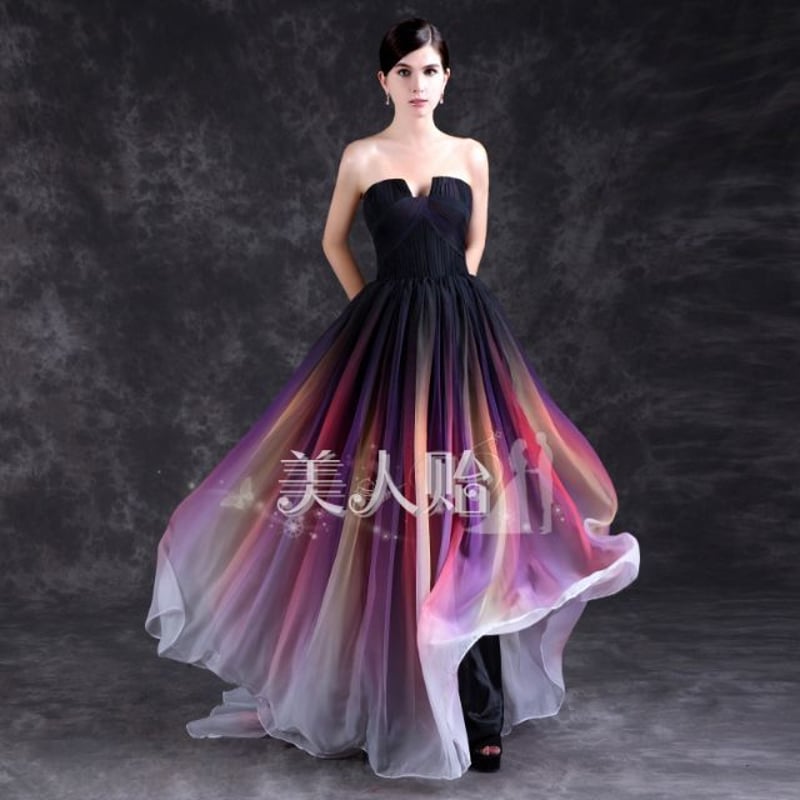 シフォン カラードレス ロング レインボー ドレスワンピース結婚式  