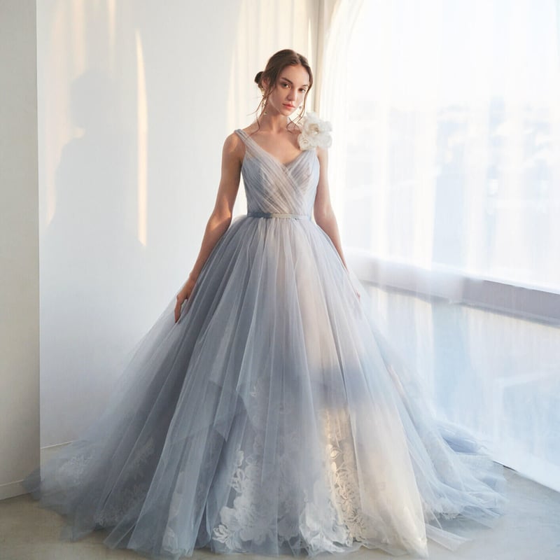 カラードレス ブルー オフショルダー チュールスカート リボン  