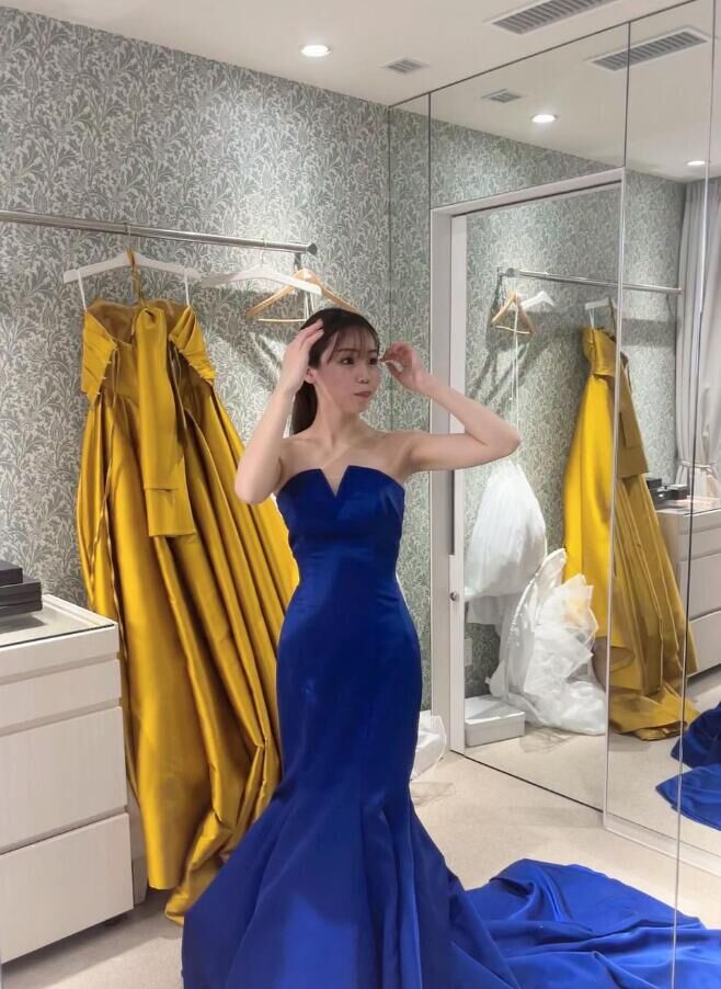 クラシカル 青/ブルー 光沢サテン オフショルダー リボン 花嫁/結婚式  