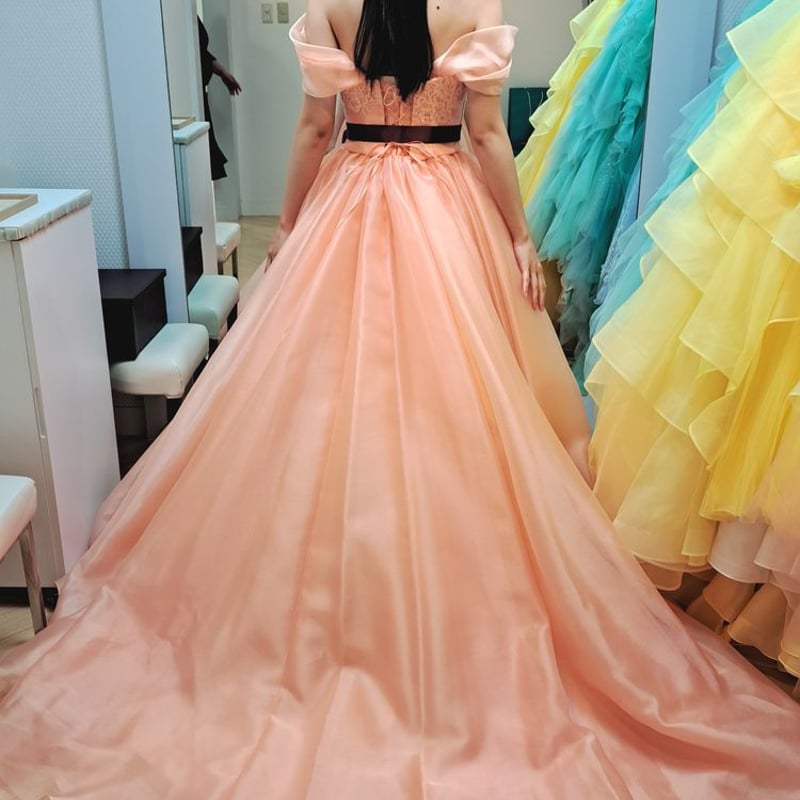 カラードレス オレンジ サッシュベルトオフショルダー チュール  