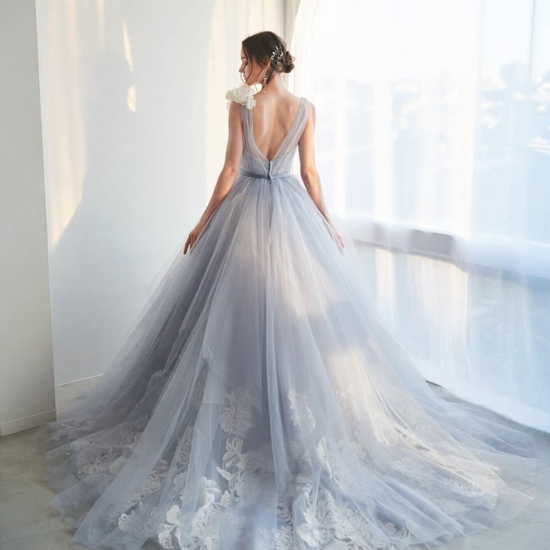 カラードレス 爽やかで優しいブルー オンショルダードレス Vネック  