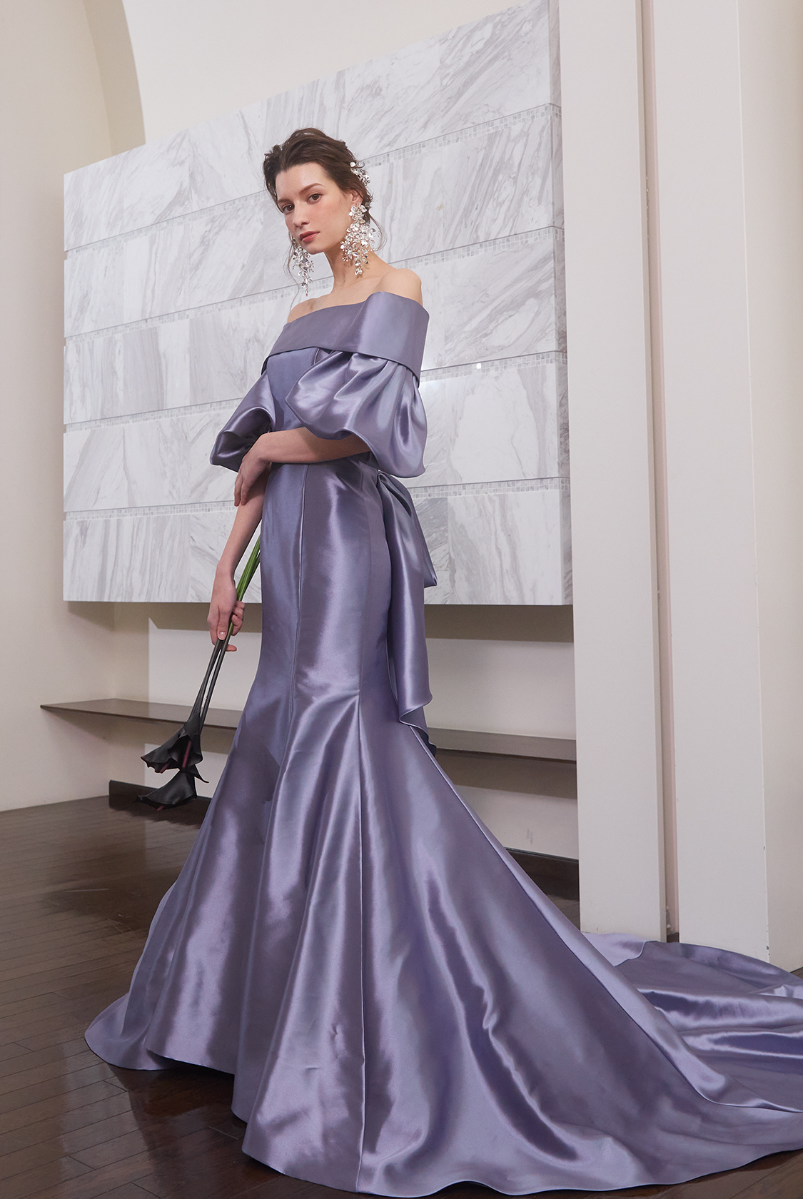 カラードレス パープル 4ways とろっとサテン生地 立体ドレープ