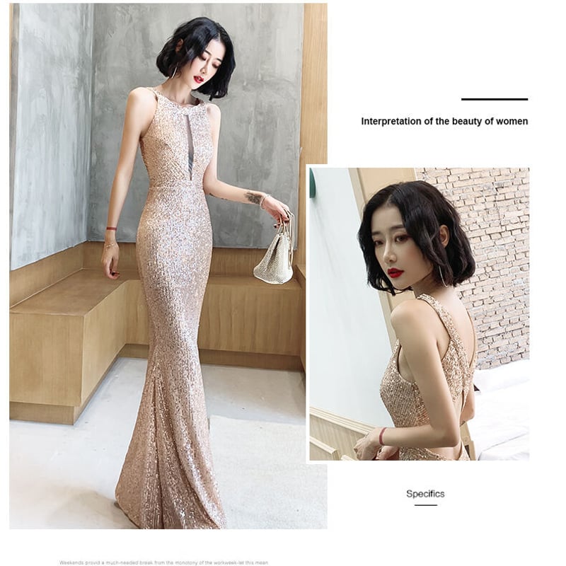 上品！シャンパン色 マーメイドライン パーティードレス スパンコール  