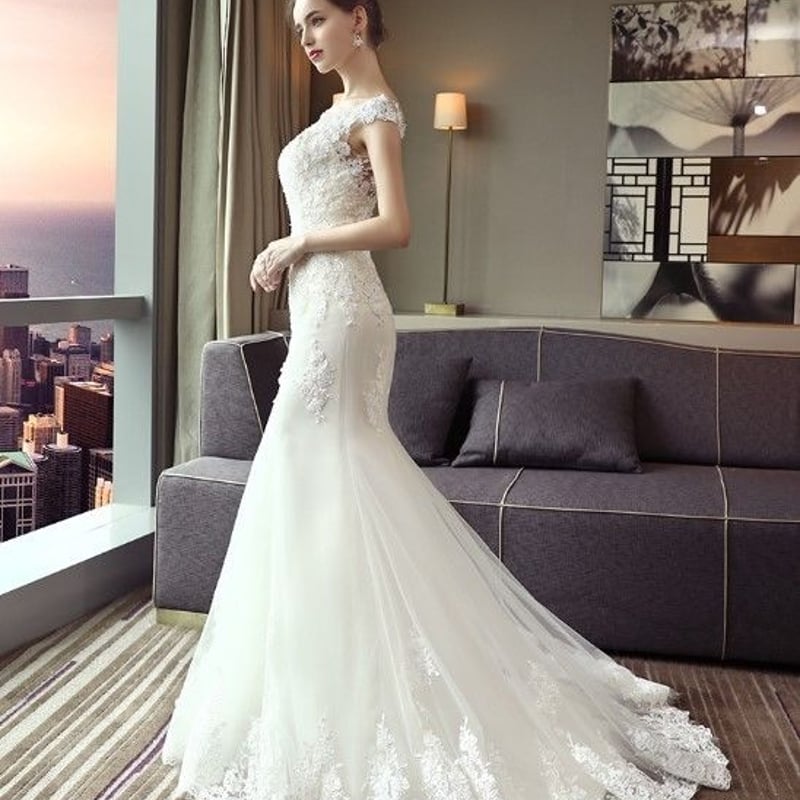 ウエディングドレス ホワイト 上品レース マーメイドライン タンク  