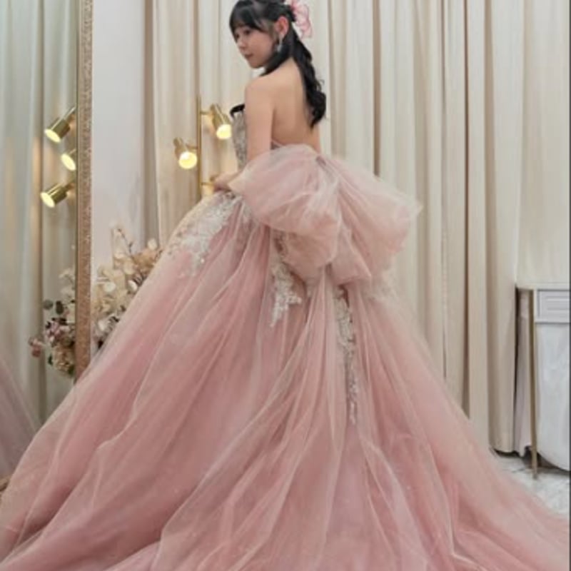 カラードレス ピンク ベアトップ 上品レース ふっくら柔らかな