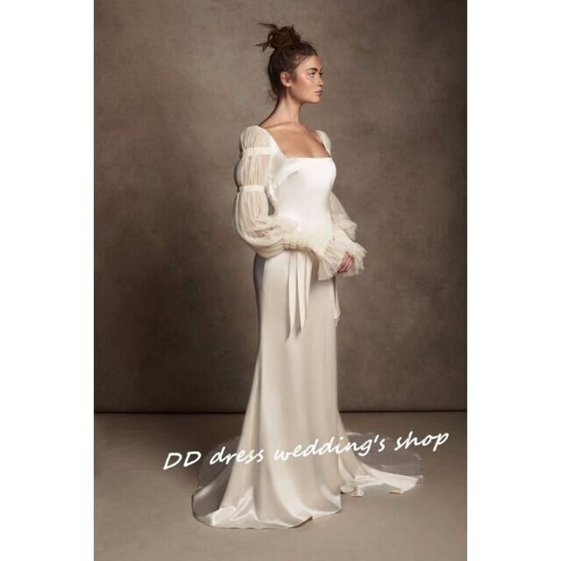 フランス風 スクエアネック 姫袖 ウエディングドレス マーメイドライン  