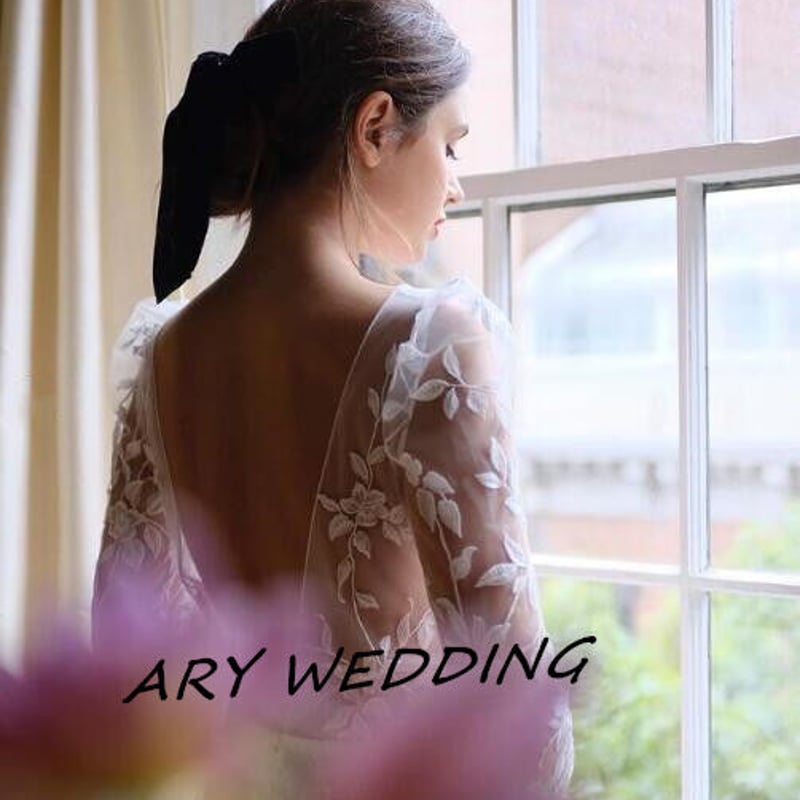 フランス風 前撮り長袖 背中見せ リーフ刺繍 ウエディングドレス  