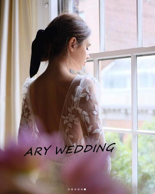 フランス風 前撮り長袖 背中見せ リーフ刺繍 ウエディングドレス  