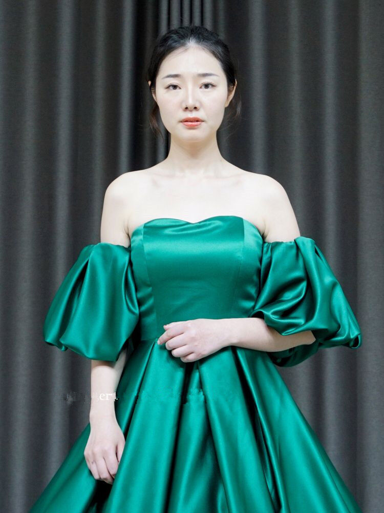 アンティークなドレス カラードレス 深めな緑 シルク オフショル 姫袖 ...